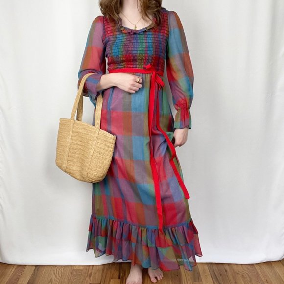 Vintage Cottagecore Puff Balloon Sleeve Plaid Tiered Ruffle Maxi Dress Handmade - Picture 3 of 7